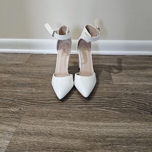 X2B White Ankle Strap Block Heels